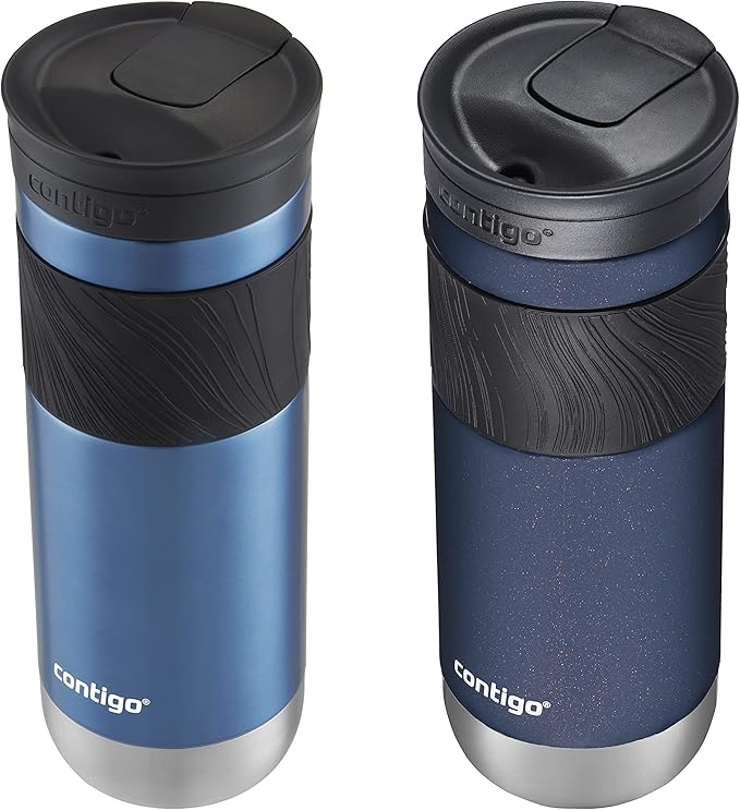 Contigo SNAPSEAL Insulated Stainless Steel Travel Mug with Grip 20oz. Blue Corn Transparent Satin & Midnight Berry,(Pack of 8)