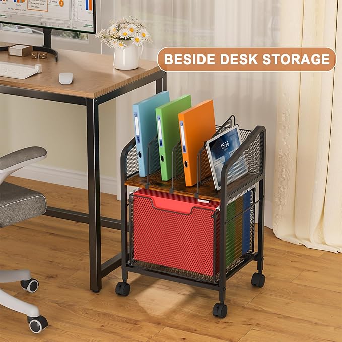 Rolling File Cabinet with Adjustable Dividers, Vertical Filing Cabinet with Storage Drawer on Lockable Wheels, Hanging File Organizer Beside Under Desk for Office, Home（Patent Pending）