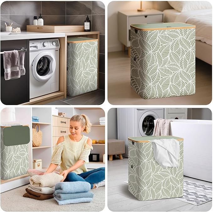 BALEINE Laundry Hamper with Lid, Tall Laundry Baskets with Bamboo Pull Handles, Large Laundry Bin with Internal Support (18 Gal/70L, Antique Foliage)