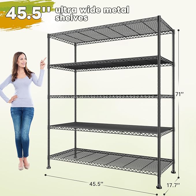 REIBII Heavy Duty 5-Tier Storage Shelves, 45.5''W for Kitchen Garage Retail