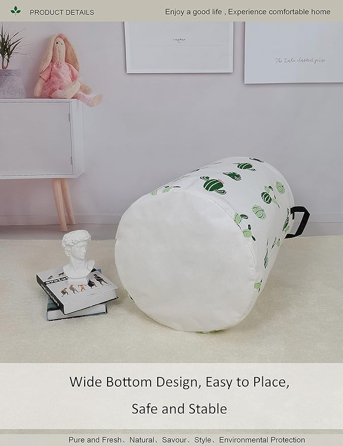Round Fabric Storage Bin,Decorative Basket,Organizer Basket with Handles,for Clothes Storage,books and sundries (Green Cactus), 19.7inch(H) x 15.7inch(D)