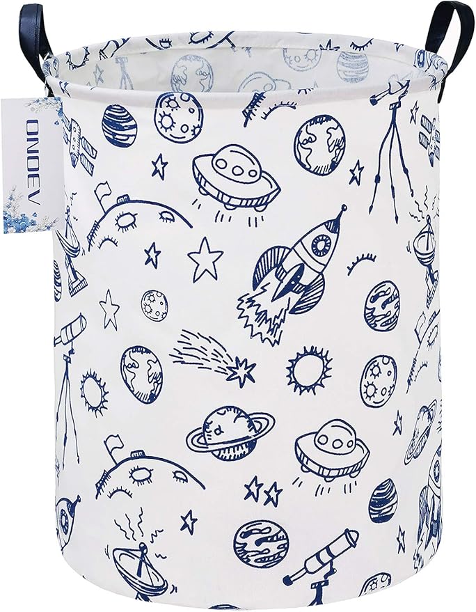 Round waterproof laundry basket、foldable storage basket、laundry Hampers with handle、gift basket,suitable for children's room and toy storage (Blue Planet)
