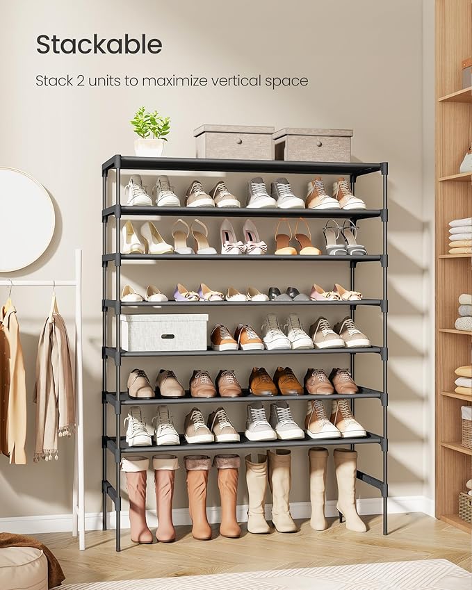 SONGMICS Shoe Rack, 4-Tier Shoe Storage Organizer, Space-Saving, 11.7 x 24.5 x 27.7 Inches, Entryway, Metal Frame, Non-Woven Fabric Shelves, Ink Black ULSH024BH01