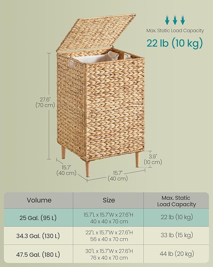 SONGMICS Laundry Hamper, 25 Gal. (95 L) Handwoven Water Hyacinth Wicker Laundry Basket with Lid, Natural Material, Removable Machine Washable Liner, Handles, Natural ULCB201Y01