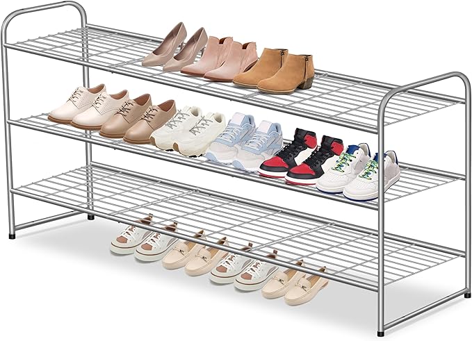 AOODA 3-Tier Long Shoe Rack for Closet Metal Wide Shoe Storage Organizer for Entryway, Bedroom, Floor, Holds 24 Pairs Men Sneakers Stackable Boot Shelf with Wire Grid, Grey