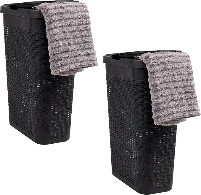 Mind Reader Slim Laundry Hamper with Lid, 40L Clothes Basket, Premium Wicker Design, Plastic, Set of 2, Black