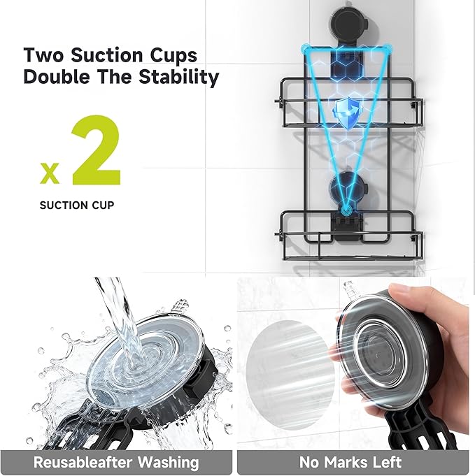 Shower Caddy Suction Cup, 2 Pack Suction Shower Shelf, NO-Drilling Bathroom Holder, Rustproof Bathroom Organizer for 90° Wall Corner, Black