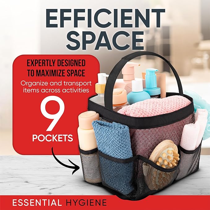Masirs Shower Caddy Mesh - 9 Pocket Portable Bathroom Organizer Tote for Travel, Gym & Dorm - Collapsible Small Shower Caddy Bag to Hold Toiletries & Essentials (Black)