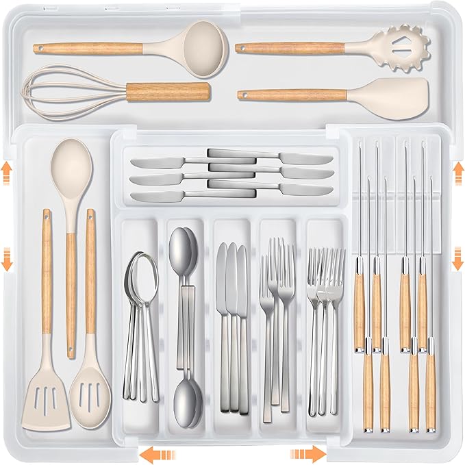 Homecor Silverware Organizer - Expandable Large Kitchen Drawer Organizer Utensil Organizer with 2 Knife Block Inserts, 22"x 19"Cutlery Tray with Drawer Dividers for Kitchen Flatware (Turquoise)