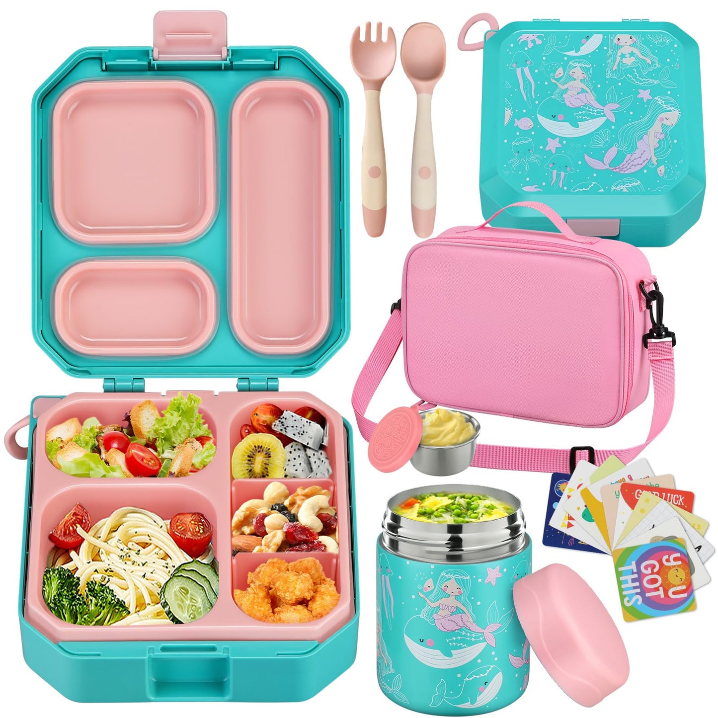 wiwens Bento Lunch Box for Kids with 12oz Soup Thermo Leak-Proof Lunch Food Container with 5 Compartment Thermo Hot Food Jar and Insulated Lunch Bag for Kid Toddler Girls Boys to School