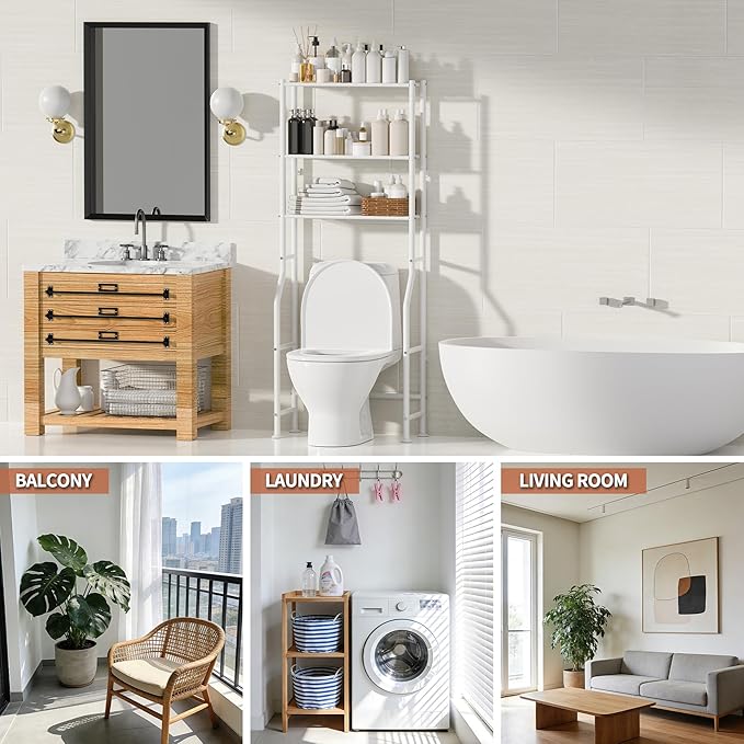 3-Tier Over The Toilet Storage, Freestanding Metal Bathroom Shelves, Space Saver Above The Over Toilet Storage Shelf for Bathroom (White)