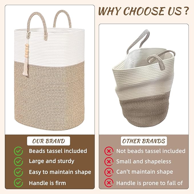Woven Laundry Basket for Clothes, 80L Large Rectangle Laundry Hampers with Beads Tassel, Nursery Storage Basket for Toys, Tall Dirty Clothes Hamper for Bedroom Aesthetic, Laundry Room Organization