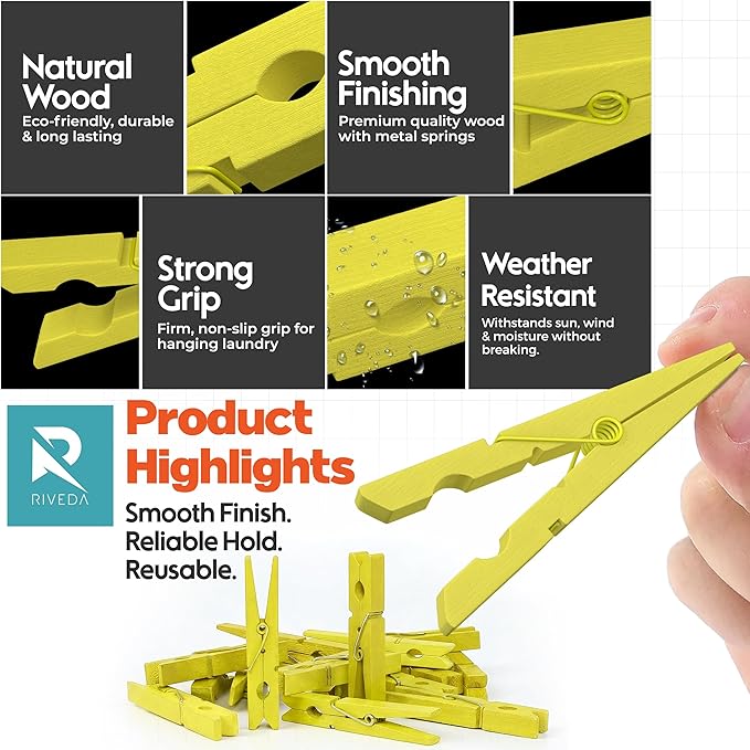 RIVEDA 50pcs Colored Wooden Clothes Pins, 2.9inch, Clothespins for Classroom, Clip Hanging Photos, DIY Clips for Crafts, Decorations (Yellow)
