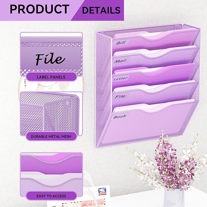 5 Pockets Hanging Wall File Organizer Mail Holder, Wall Mounted Paper Document Folder Holder, Clipboard Storage Organization Magazine Rack, Light Purple