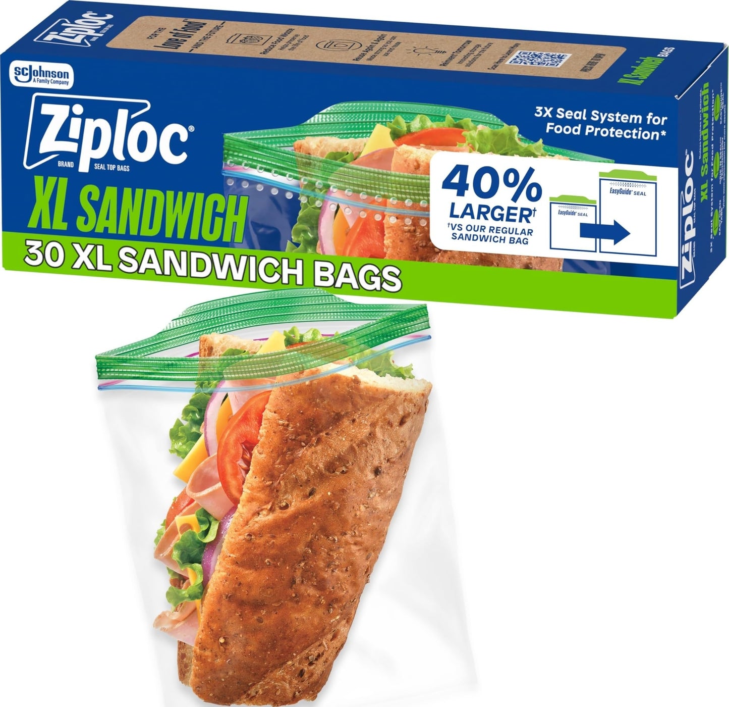 Ziploc XL Sandwich and Snack Bags, Easy Open and Close, Plastic Food Storage Bags, 30 Bags Total