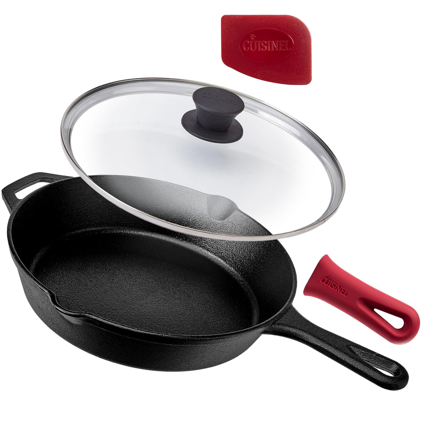 Cuisinel Cast Iron Skillet Set - 10" + 12" Frying Pan + Glass Lids + 2 Handle Cover Grips - Pre-Seasoned Oven Cookware - Indoor/Outdoor Use - Grill, Stovetop, Induction, BBQ, Camping, Fire Use