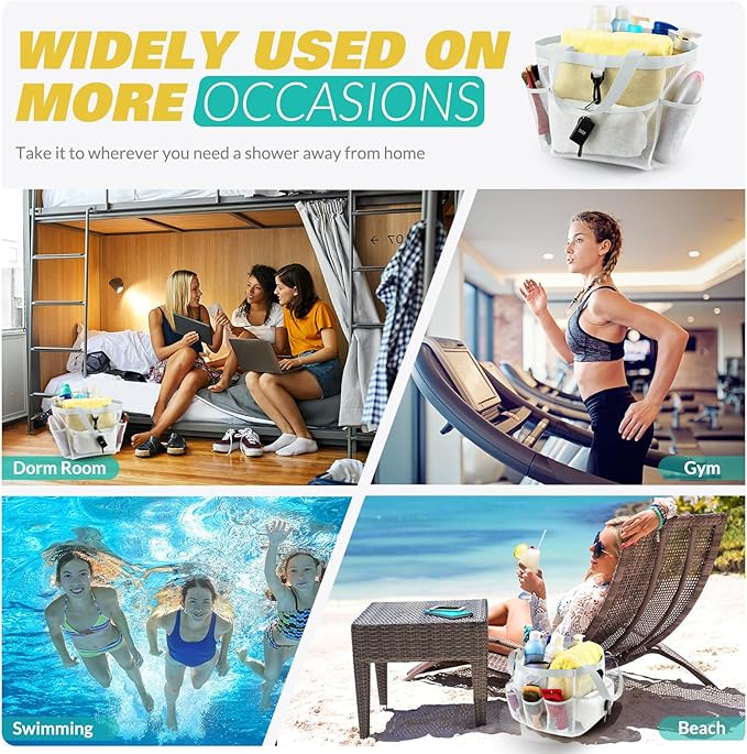 Mesh Shower Caddy Portable for College Dorm Room Essentials with 8 Pockets, Shower Bag for Beach, Swimming, Gym, Travel, Bathroom(All white)