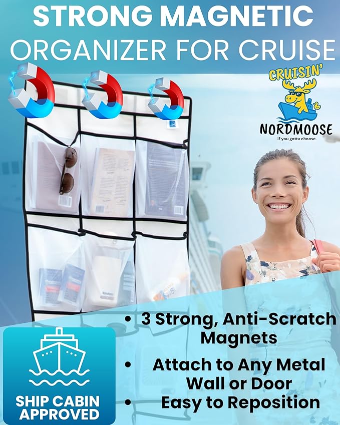 Cruise Ship Magnetic Door Organizer, Over The Door Organizer For Cruise Ships, Magnetic Shoe Rack - 3 Strong Anti-Scratch Magnets - Large Durable Pockets To Store Cruise Essentials 2025