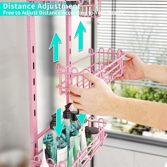 HapiRm Hanging Shower Caddy Organizer - Shower Shelf with 22 Hooks and 2 Toothbrush Holders, No Drilling Adjustable Hanging Bathroom Organizer - Pink