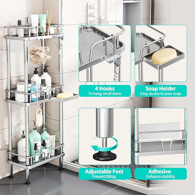 HapiRm Standing Corner Shower Caddy - 3 Tier Corner Shower Organizer with Soap Holder, Rustproof Stainless Steel Bathroom Shelf with 4 Hooks, Silver