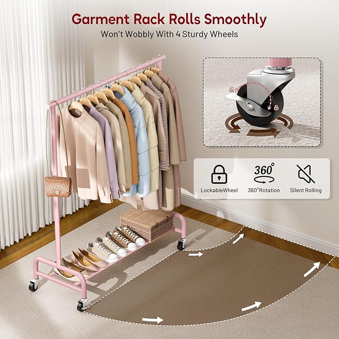 SLEEPING LAMB Heavy Duty Clothing Racks for Hanging Clothes Rack, 43" Wide Rolling Garment Rack Metal Clothing Hanger Rack with Wheels Wardrobe Rack for Coats, Shirts, Dress (Pink)