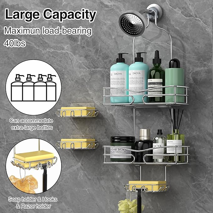 Over the Shower Head Caddy - 2-Tier Shower Caddy Hanging with 2 Movable Soap Holder, Stainless Steel Hanging Bath Organizer with High Guardrail for Bathroom, Silver
