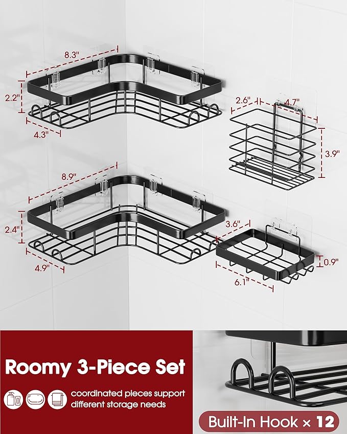 Corner Shower Caddy - 4-Pack Shower Organizer with Soap Holder & Toothbrush Holder, Rustproof Metal Shower Shelves, Laundry, Kitchen, Bathroom Organizers and Storage Solution, Large, Black