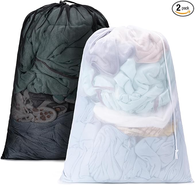 2 Pack Mesh Laundry Bags,Machine Washable Dirty Clothes Organizer with Drawstring and ID Tag, Large Laundry Hamper Liner Enough to Laundry Essentials for Travel, Sports（28" x 40",Black+White)