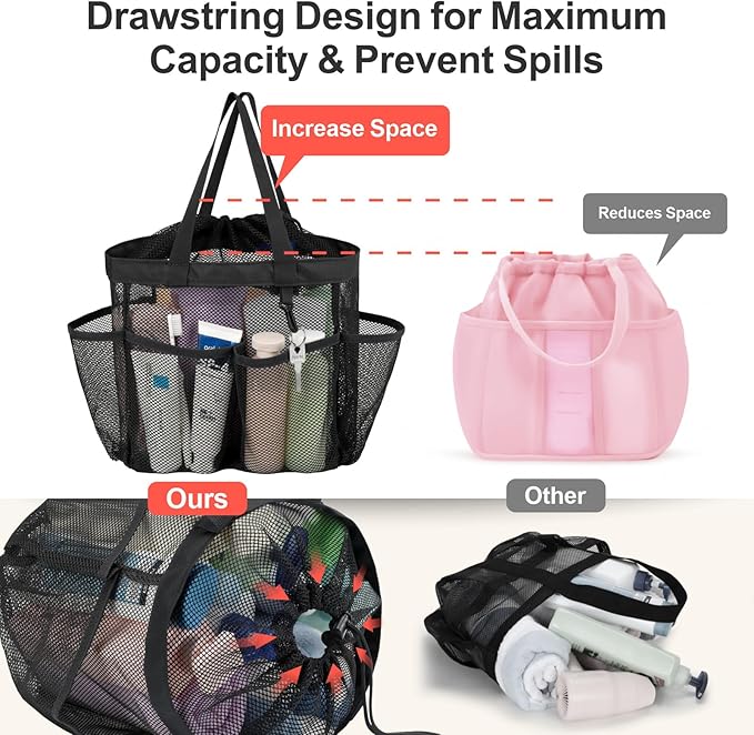 F-color Mesh Shower Caddy Portable with Drawstring - Large 8 Pockets Dorm Room Essentials for Guys Girls with S Hook, Shower Bag Basket Tote for College Camping Gym Travel Toiletry Bathroom, Black