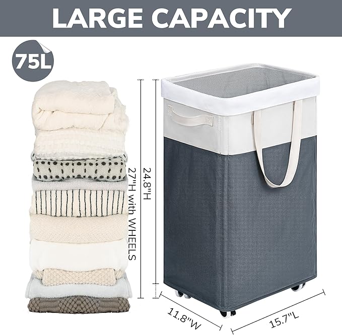Goodpick Laundry Basket with Wheels, 75L Laundry Hamper for Dirty Clothes, College Dorm Essentials, Clothes Hamper for Livng Room, Grey&White