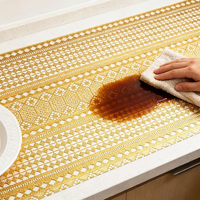 Drawer and Shelf Liner - Gold Geometric Lace Pattern,Non Adhesive Non Slip Waterproof Easy-Clean Shelf Liner for Kitchen Cabinet, Refrigerator, Bathroom, Pantry Storage Drawers, 17 in x 30 Ft