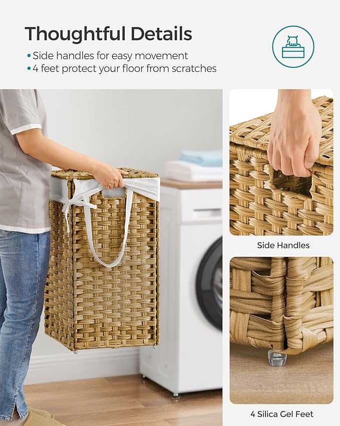 SONGMICS Laundry Hamper with Lid, 17.2 Gallon (65 L) Synthetic Rattan Clothes Laundry Basket with Lid and Handles, Foldable, Removable Liner, Goose Yellow ULCB165N01