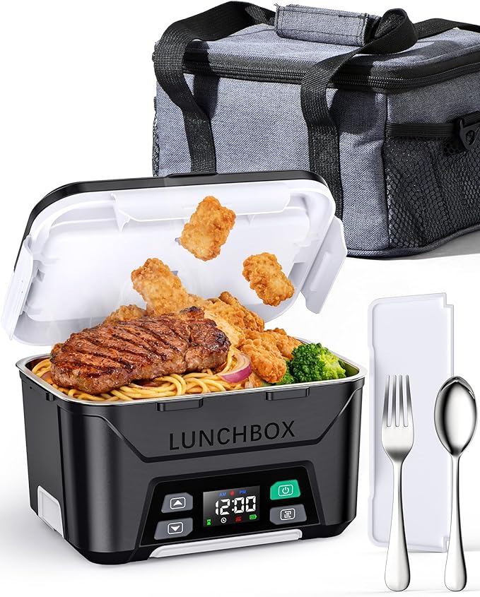 EAST OAK Heated Lunch Box Battery Powered with Automatic Heating, Cordless Heatable Lunchbox for Adults, 1.3L Portable Food Warmer with Insulated Carry Bag