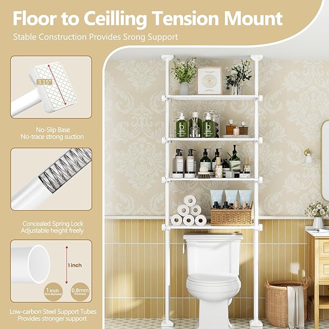 Bonpally Over The Toilet Storage Shelf, 4-Tier Adjustable Bathroom Organizer, No Drill Tension Mounted Shelves Metal, Space-Saving Bathroom Cabinet Rack Above Toilet for Small Bathroom Rooms, White