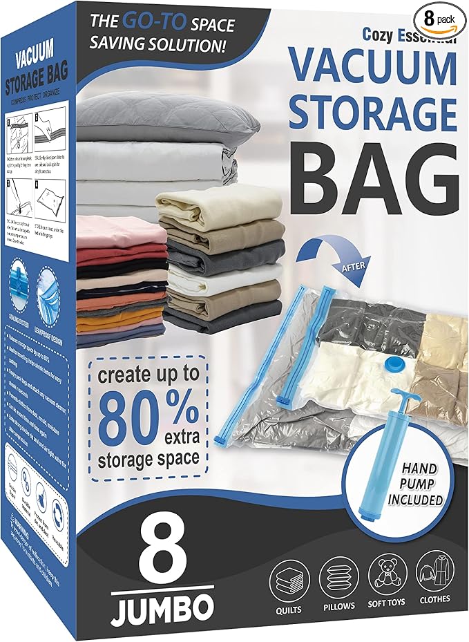 Cozy Essential 8 Jumbo Vacuum Storage Bags, Space Saver Bags Compression Storage Bags for Comforters and Blankets, Pillow, Bedding, Vacuum Sealer Bags for Clothes Storage