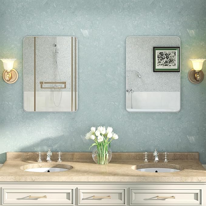 28x20 Inch Matte Silver Medicine Cabinet with Mirror for Bathroom, Aluminum Medicine Cabinet with Frosted Finish, Recessed or Wall Mount Medicine Chest, Modern Sleek Design, Fully Assembled