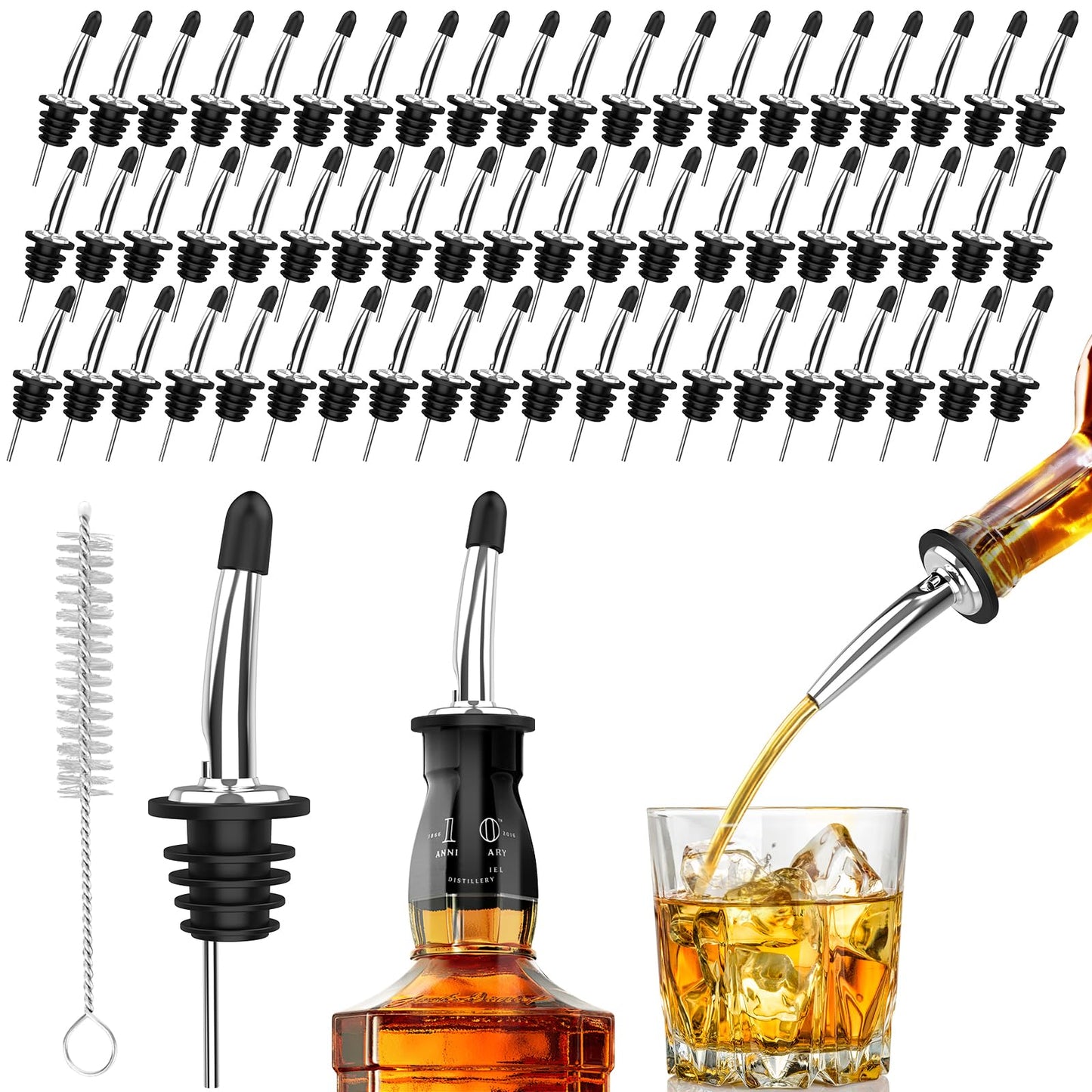 SINLUCESCE 48-Pack Stainless Steel Pour Spouts for Liquor Bottles Oil Vinegar and Wine,Liquor Bottle Pourers with Rubber Dust Caps,Bar accessories,Pourers for Bartending