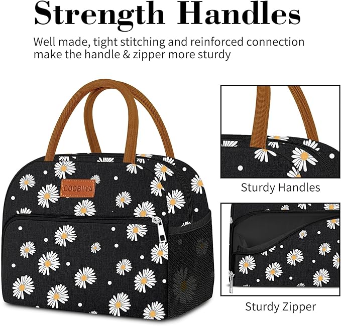 Coobiiya Lunch Bag Lunch Box for Women Men, Reusable Cute Lunchbag - Leakproof, Adult Insulated Lunch Box Tote with Large Capacity, Cooler Container for Work, Travel, Office (Black Daisy)