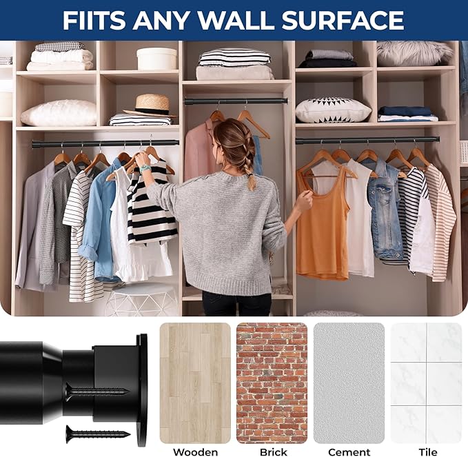 Mavivegue Closet Rod, 17 to 99 Inch Adjustable Closet Rods for Hanging Clothes, Heavy Duty Tension Rod, Black Curtain Rod, for Closet, Wardrobes, Bathroom, Laundry