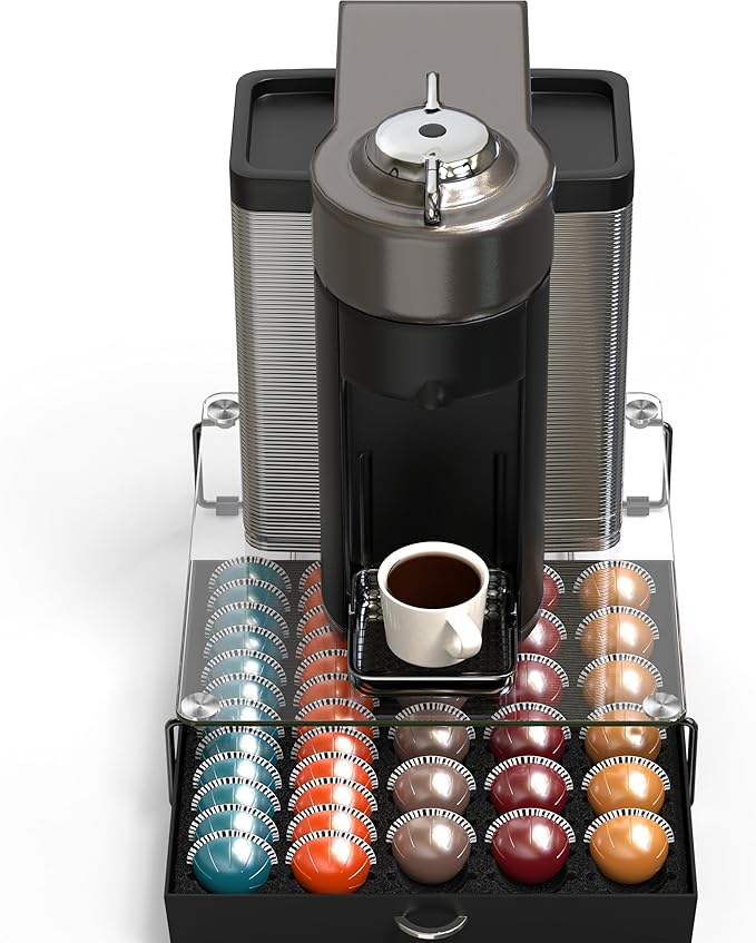DecoBrothers Crystal Tempered Glass Vertuo Pod Holder Drawer, 30 Large or 60 Small Nespresso Capsule Organizer, Black