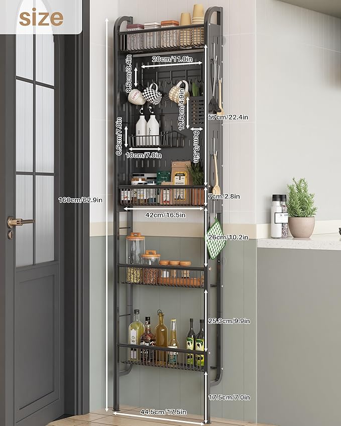 UMDONX Behind The Door Bathroom Shelf Narrow 4-Tier, Metal Storage Rack, Space-Saving Slim Storage Shelf Narrow Shelving Unit for Bathroom and Kitchen Black