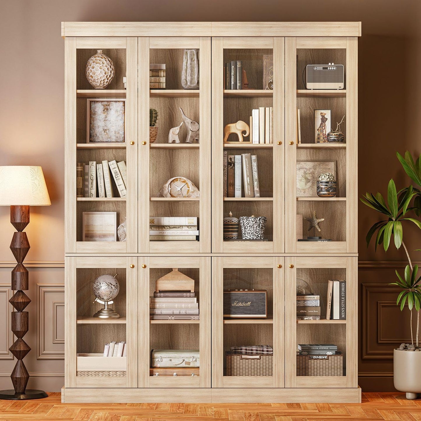 ivaniti 70.8" Tall Bookshelf with Doors, Farmhouse Modular Bookcase with 4-Tier Adjustable Shelves, Large Storage Cabinet for Home Office, Living Room, Brown, Set of 2