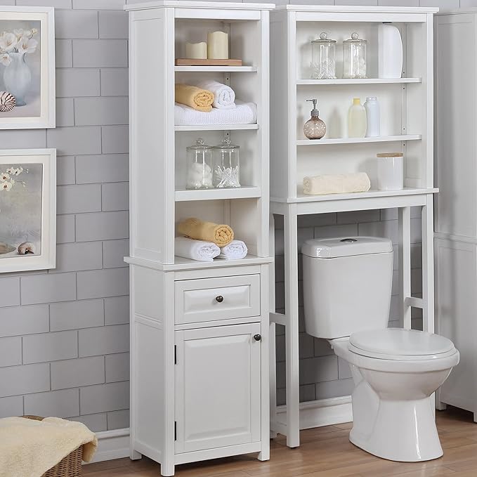 Alaterre Furniture Dorset Over-The-Toilet Storage Cabinet Set – Space-Saving Open Wall Cabinet with Adjustable Shelves, Zinc Metal Hinges, and Nylon Floor Levelers (White)