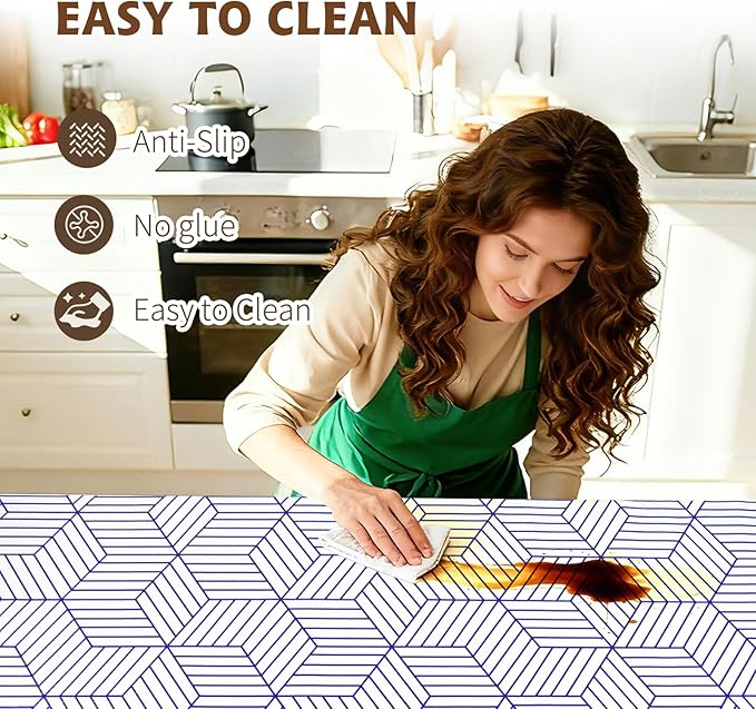 Shelf Liners for Kitchen Cabinets 12in x 20FT, Non Adhesive Cabinet Liner Strong Non-Slip White and Blue Geometric Drawer Liner, Easy to Clean for Shelf, Cabinet with Knife and Tape Measure