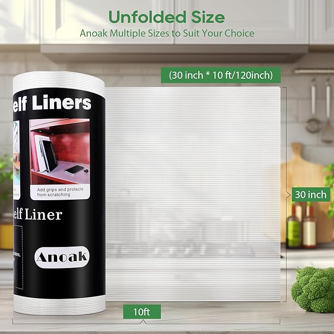Anoak Shelf Liner - Non-Slip Cabinet Liner, 30 Inch x 10 FT(120 Inch) Durable Waterproof Washable Oil-Proof for Kitchen Cabinet, Shelves, Refrigerator, Storage, Desks, Non Adhesive