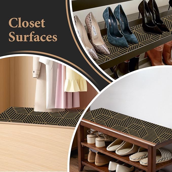 Shelf Liners for Kitchen Cabinets 12in x 20FT, Non Adhesive Cabinet Liner Strong Non-Slip Black Gold Geometric Drawer Liner, Easy to Clean for Shelf, Cabinet with Knife and Tape Measure