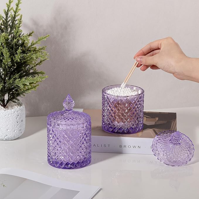 2 Pack Qtip Holder Thick Glass Apothecary Jars with Lid for Bathroom Decor Storage Organizer for Cotton Swabs, Balls, Pads, Floss Picks, Candy, Jewelry, Purple