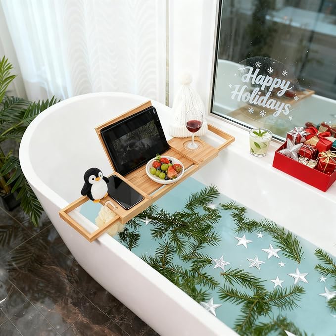 Utoplike Bamboo Bathtub Caddy Tray Bath Tray for Tub, Adjustable Bathroom Bathtub Organizer with Book Tablet Wine Glass Cup Towel Holder