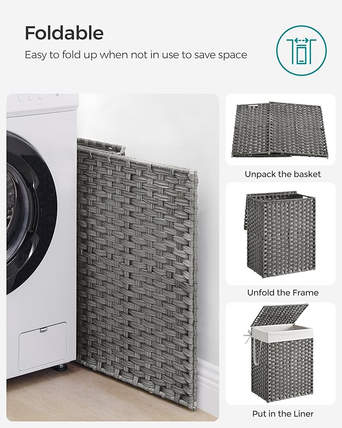 SONGMICS Laundry Hamper with Lid, 23.8 Gallon (90 L) Synthetic Rattan Clothes Laundry Basket with Lid and Handles, Foldable, Removable Liner, Dove Gray ULCB51WG