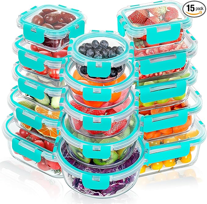 VERONES 30 Pieces Glass Meal Prep Containers Set, Stackable Glass Food Storage Containers with Lids-Airtight Lunch Containers，for Microwave, Oven, Freezer & Dishwasher,Green